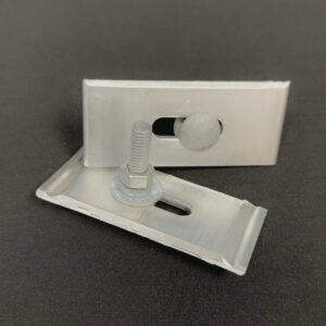 Two large clip assemblies for bleachers produced by Southeastern Seating.