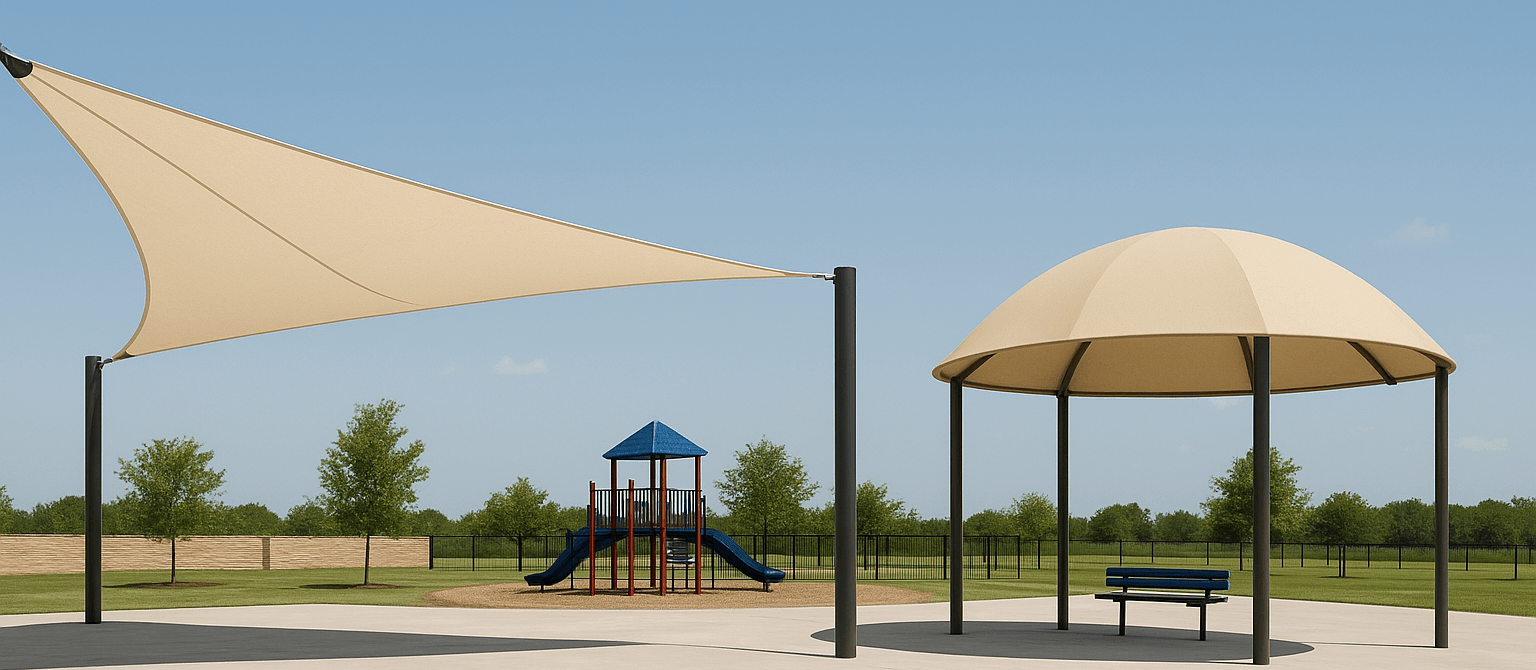 Sunny playground with two modern shade structures from Southeastern Seating.